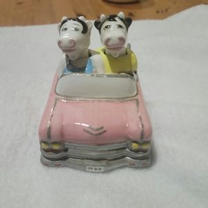 Collectible Vintage Crusing Clay Art Cows in Pink Convertible
